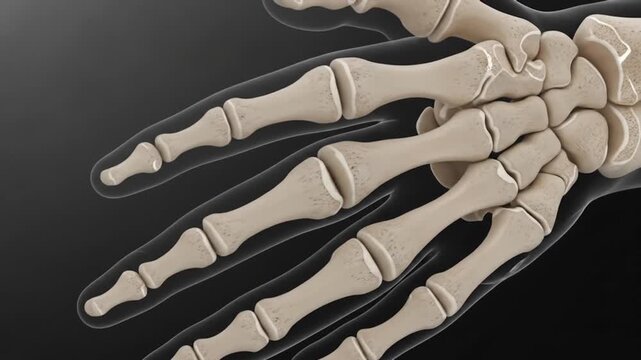 A detailed 3D rendering of the skeletal structure of a human hand, showing the carpal, metacarpal, and phalange bones.