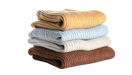 Stack of folded knit sweaters in various pastel and earth tones