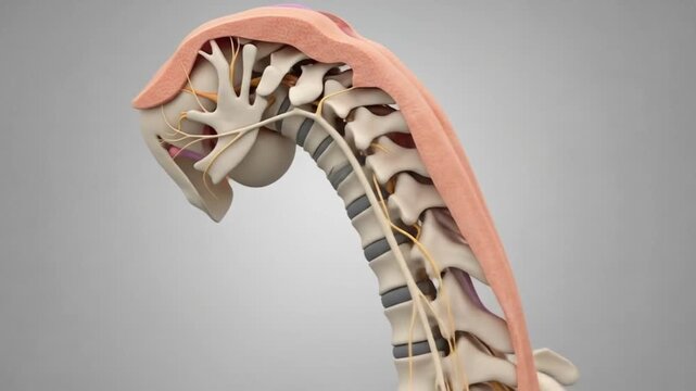 Detailed anatomical illustration of the human neck and upper spine, showing vertebrae, spinal cord, nerves, and surrounding muscles in a sagittal view.