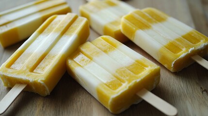 Yellow pineapple and creamy coconut layered popsicles on a wooden table.