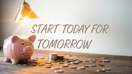 Inspirational Quote About Saving Money with Piggy Bank and Coins on Wooden Table for Financial Planning and Future Success
