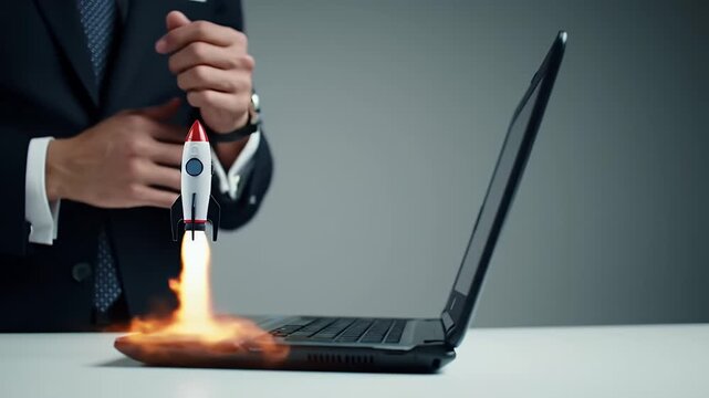 Rocket Launching From Laptop Screen Against Neutral Background Featuring a Man in Dark Business Suit and White Shirt Fastening His Cuffs