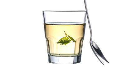 Clear liquid in a short glass, sprig of herb, and a fork-like utensil
