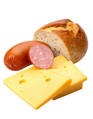 Assorted savory foods, sliced bread, sausage, and cheese