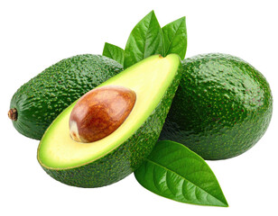 Fresh avocados with leaves. Three whole and half avocados, vibrant green skin, with a brown seed and leaves