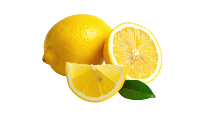 Two whole and one sliced lemon, with leaves