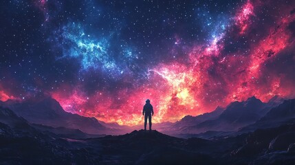Fototapeta premium Lone Explorer Standing Under a Colorful Starry Galaxy.