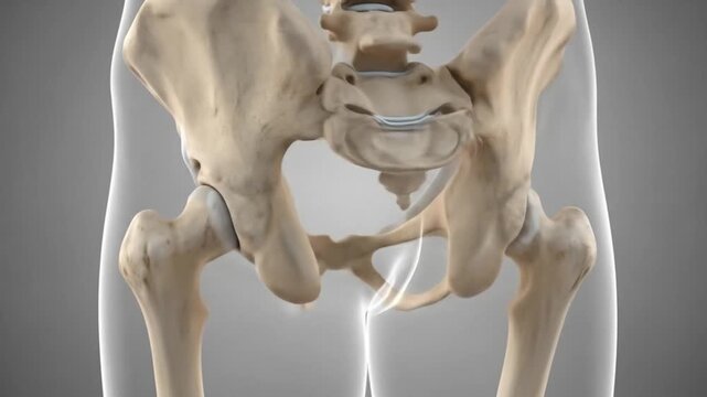A detailed 3D anatomical illustration of the human pelvic girdle, including the hip joints and lower spine, against a grey background.