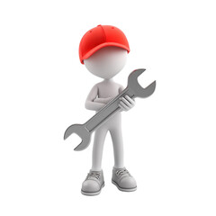 3D handyman with wrench on transparent background