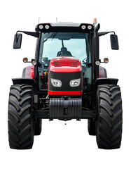 Front view of a red agricultural tractor.  Large tires, cab, and lights