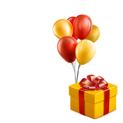 A yellow gift box adorned with a red ribbon and bow, accompanied by red and yellow balloons on a white background.