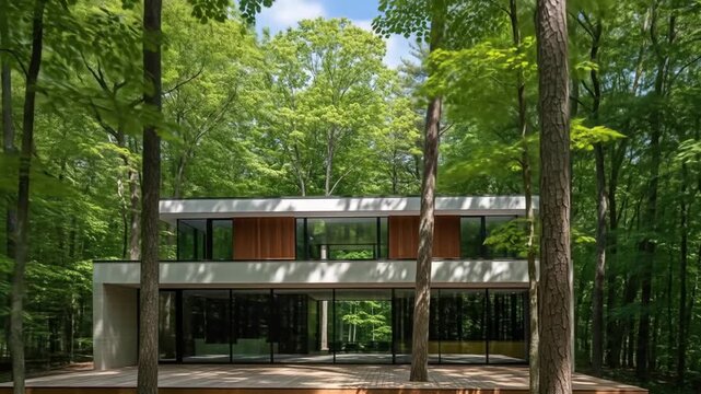 Modern architecture blends seamlessly with the serenity of a dense green forest