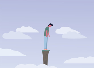 Man standing on a pedestal in the sky with clouds around. Depression Concept.