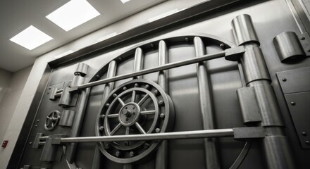 Close-up of a massive, steel vault door, featuring intricate mechanical latches and a large circular security wheel