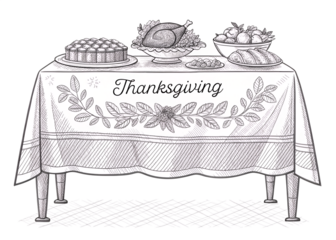 Hand drawn sketch of a thanksgiving dinner table laden with food and decorated tablecloth isolated on transparent background