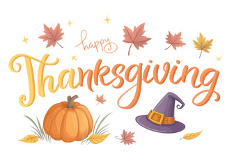 Happy thanksgiving decorative text with pumpkin witch hat and autumn leaves isolated on transparent background