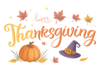 Happy thanksgiving decorative text with pumpkin witch hat and autumn leaves isolated on transparent background