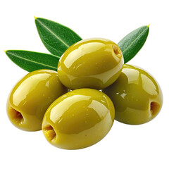 Close-up of three plump green olives, glistening, with fresh leaves