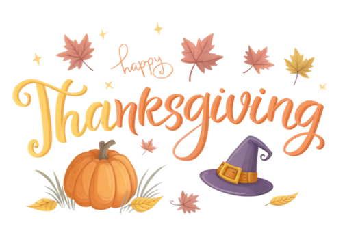 Happy thanksgiving decorative text with pumpkin witch hat and autumn leaves isolated on transparent background
