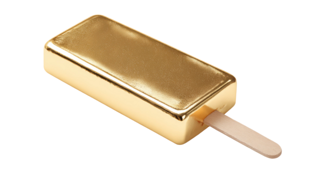 a gold bar with wooden stick like a popsicle isolated on white background