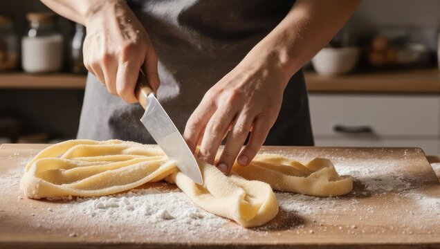 Person cutting dough on a wooden surface with a knife in the kitchen.