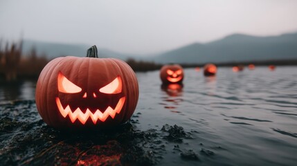 Halloween Pumpkins on Water at Dusk with Spooky Expressions