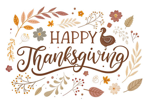 Beautifully illustrated happy thanksgiving text with a turkey and autumn leaves isolated on transparent background
