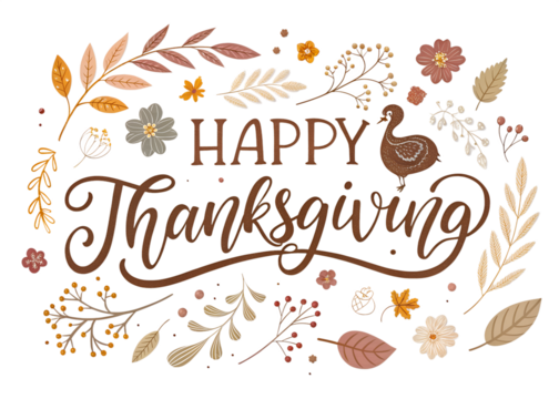 Beautifully illustrated happy thanksgiving text with a turkey and autumn leaves isolated on transparent background