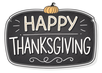Happy thanksgiving chalkboard sign with pumpkin decoration isolated on transparent background