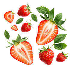 Fresh, vibrant strawberries, halved and whole, with green leaves, arranged in a visually appealing design