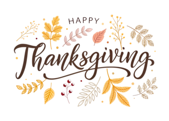 Elegant thanksgiving lettering with autumn leaves and floral elements isolated on transparent background