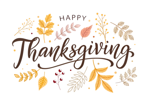 Elegant thanksgiving lettering with autumn leaves and floral elements isolated on transparent background