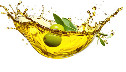 Olive oil splash, with olives and leaves