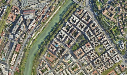 Rome, Italy: High-Resolution Aerial View of the Dense Urban Fabric and Tiber River
