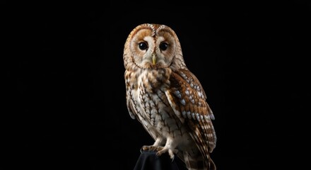 Close-up of a Tawny Owl, centered, black background