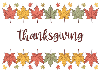 Decorative thanksgiving border with colorful autumn leaves and text isolated on transparent background