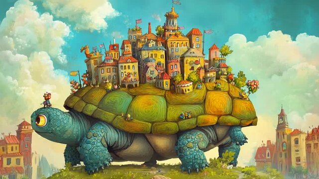 A whimsical turtle carrying a vibrant cityscape