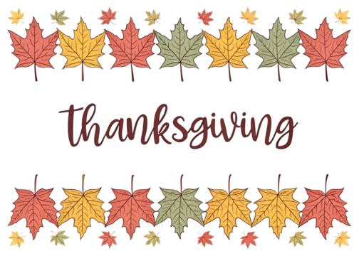 Decorative thanksgiving border with colorful autumn leaves and text isolated on transparent background - Powered by Adobe