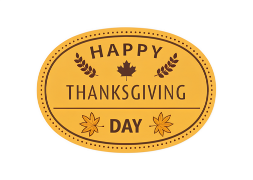 Happy thanksgiving day oval emblem with autumn leaves and wheat stalks isolated on transparent background