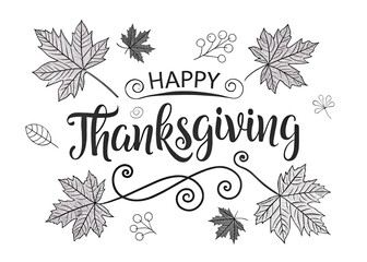 Happy thanksgiving text with autumn leaves and decorative elements isolated on transparent background