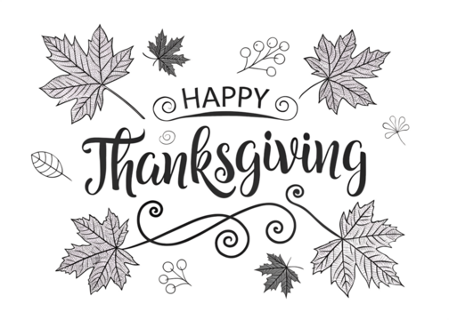 Happy thanksgiving text with autumn leaves and decorative elements isolated on transparent background
