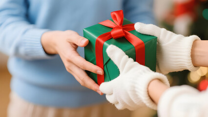 A woman's hands are holding a small Christmas gift box tied with a ribbon and bow during a holiday celebration
