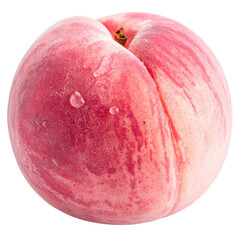 Close-up of a round, pink peach with subtle white stripes.  Water droplets are visible on its surface