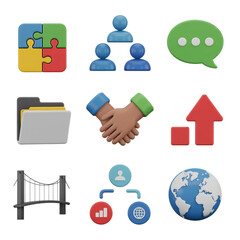 Business and Collaboration Icons Including Puzzle Bridge and Globe teamwork communication isolated on a transparent background