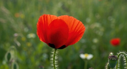 Fototapeta premium Close-up of a vibrant red poppy in a field. Soft-focus background of other wildflowers