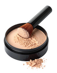 Loose face powder in a black container, with a makeup brush
