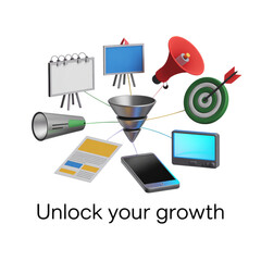 Central funnel connecting various marketing and communication icons in 3D advertising isolated on a transparent background