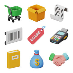 Collection of 3DE-commerce and Business Icons on Black Background shopping cart shopping basket isolated on a transparent background