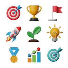 Collection of 3D Icons Symbolizing Success Achievement and Growth startup business isolated on a transparent background
