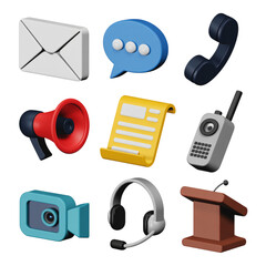 Collection of communication and media icons in 3D render on black background technology icons isolated on a transparent background